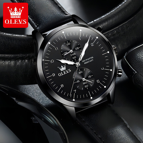 Relojes Cronógrafo De Piel Con Calendario, Casuales, De Olev Color Del Bisel Negro
