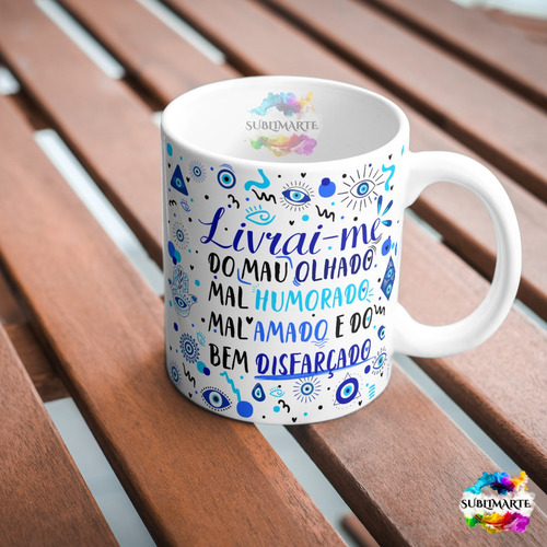Caneca Olho Grego Frases Proteção Energia Livrai-me Do Mau
