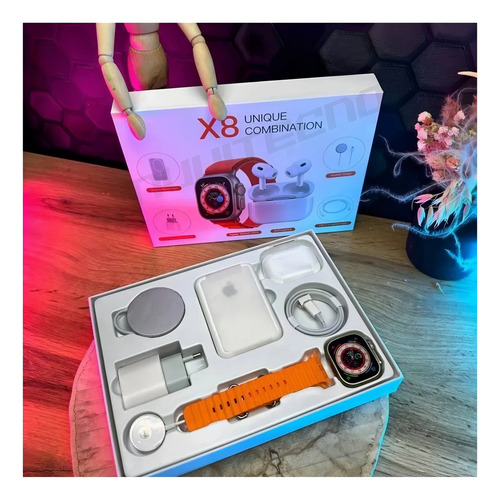 Combo Reloj Watch X8 Ultra + Audifonos In Ear + Power Bank Malla Naranja