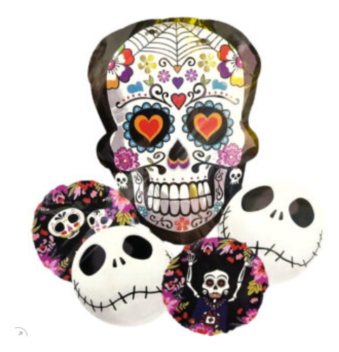 Bouquet De 5 Globos Foil Tematica Calaca Halloween