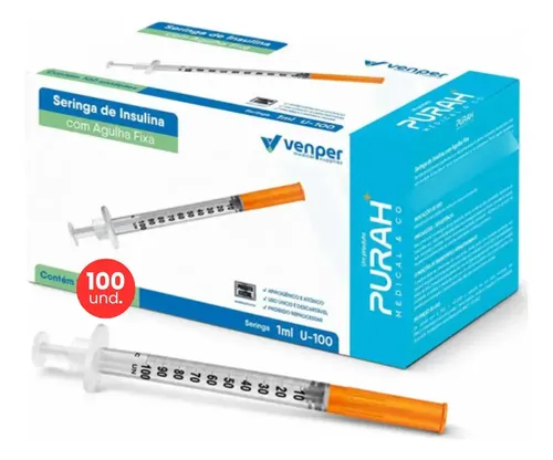 Seringa Insulina 1 ml Agulha Fixa Ultrafina 0,30mmx8mm Venper 100 Unidades VENPE
