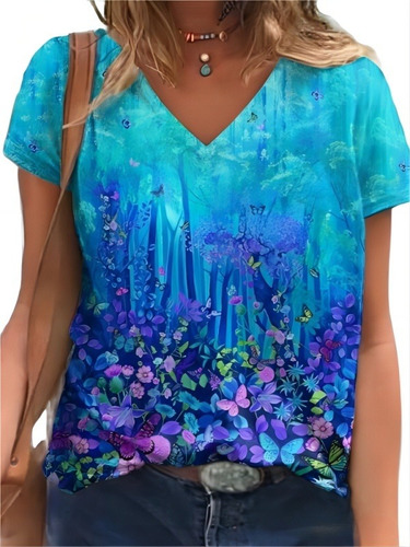 Camiseta Con Cuello En V Y Pintura De Arte Floral