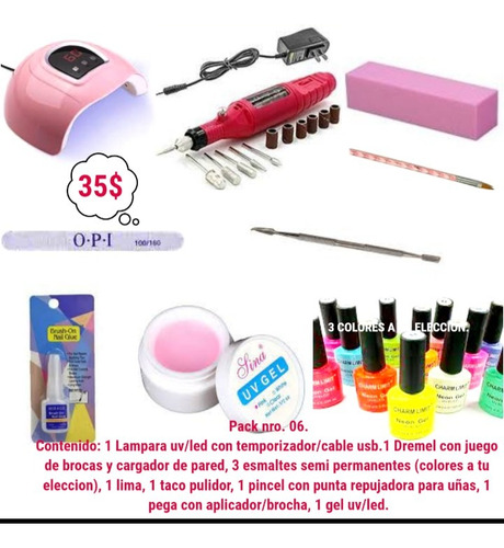 Pack Nro.6p/uñas En Semipermanente C/lámpara Led/uv Y Dremel