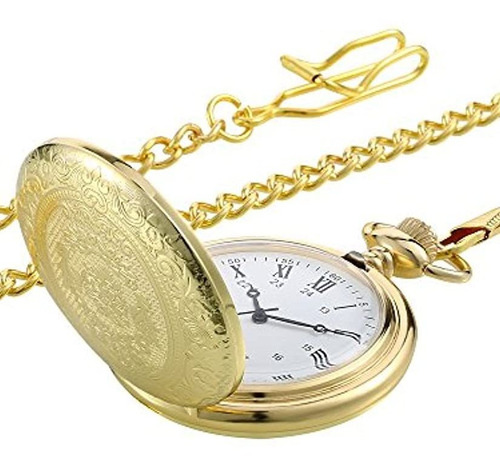 Reloj De Bolsillo De Acero Dorado Para Hombre Con Cadena