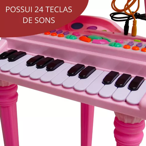 Piano Infantil Musical Microfone E Banquinho Função Gravação Cor Rosa Pilha