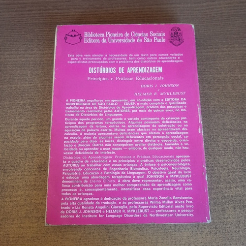 Livro Distúrbios De Aprendizagem - Doris J. Johnson; Helmer R. Myklebust (Usado)