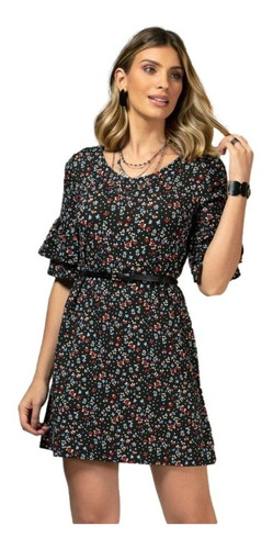 Vestido Curto Feminino Floral Preto Com Babado Na Manga