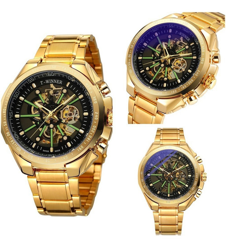 Imagen 8 de 10 de Reloj De Marca Winner Automático Hombre Skeleton Dorado