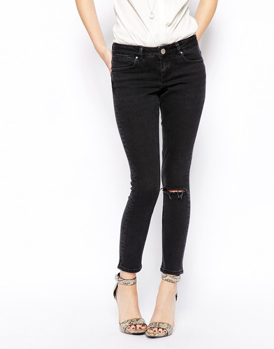 Jeans Asos Negro Deslavado Nuevos Tiro Bajo Skinny W36