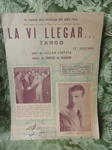 Partitura Antigua La Vi Llegar Centeya Francini Tango