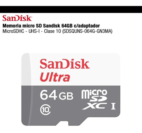 Memoria Micro Sd Sandisk 64gb Clase 10 Con Adatador