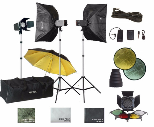 Kit 3 Flashes De Estudio 900w + Fondos + 14 Accesorios