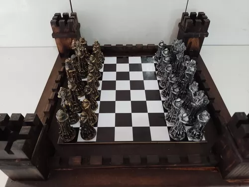 Jogo de Xadrez Medieval Rústico Coleção Temático Peças Chess Set Tabuleiro  Preto Branco Grande