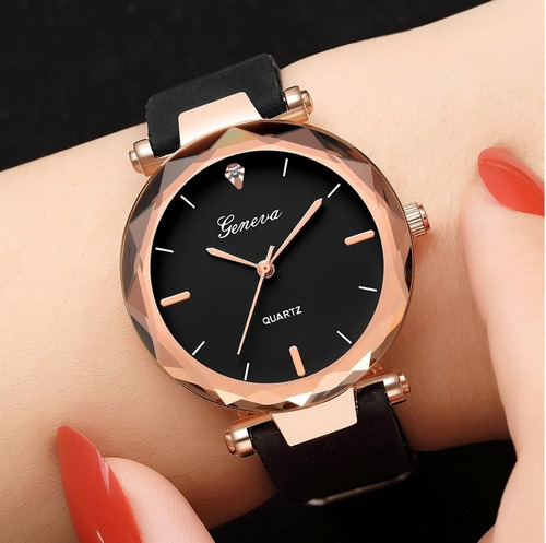 Relógio De Pulso Feminino Redondo Geneva Preto Rosa Pink