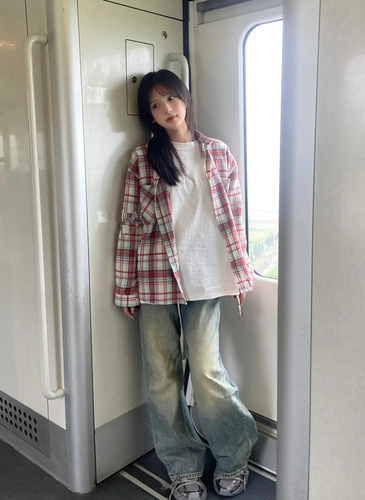 Camisa Vintage De Manga Larga A Cuadros Con Botones Para Muj