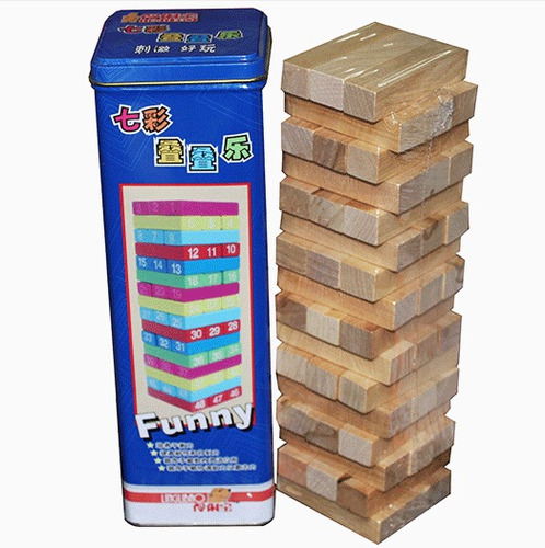 Torre Tipo Jenga Madera Bloques Tarro Metálico Juego Lujo