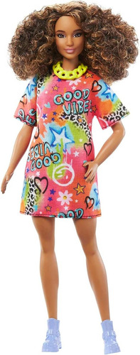 Barbie Fashionistas Pelo Castaño Rizado Vestido Estampado