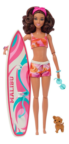 Imagen 1 de 6 de Barbie La Película Muñeca Día De Surf Mascota Y Accesorios