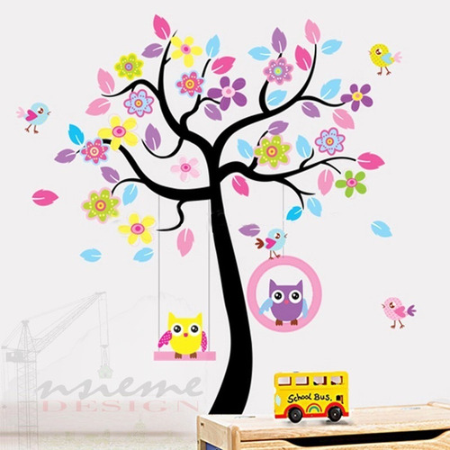 Imagen 6 de 7 de Vinilo Decor Sticker Arte Niño Pared - Arbol Buhos Color