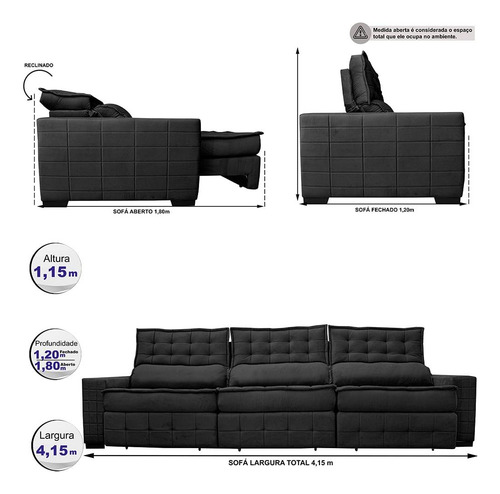 Sofá Retrátil 3,85m Cama Inbox Big Puffer. Com Softgel d40 Cor Preto