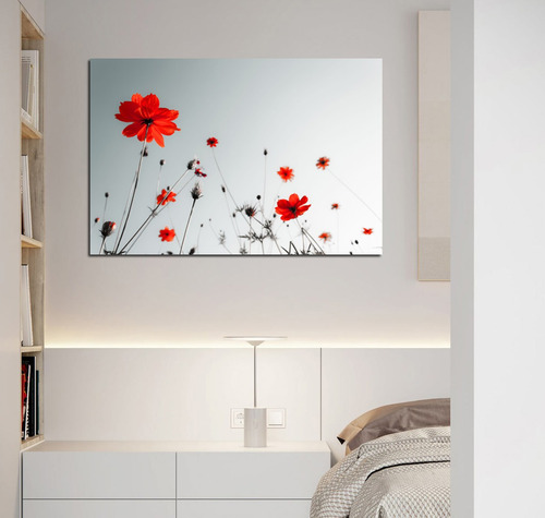 Cuadro 60x90cm Flores Rojas Pequeñas Cielo Gris Naturaleza