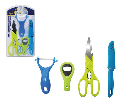 Kit Descascador Abridor De Garrafa Faca De Cozinha E Tesoura Cor Verde/Azul