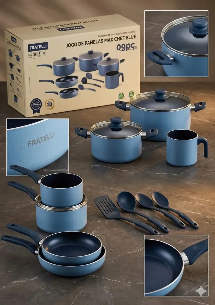 Jogo Panelas 9 Peças Revestimento Cerâmico Antiaderente Azul
