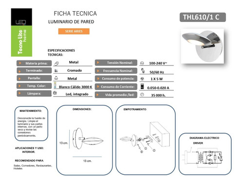 Imagen 2 de 2 de Luminaria De Pared Cromo 1x5w Aries Thl610/1c Tecnolite Home