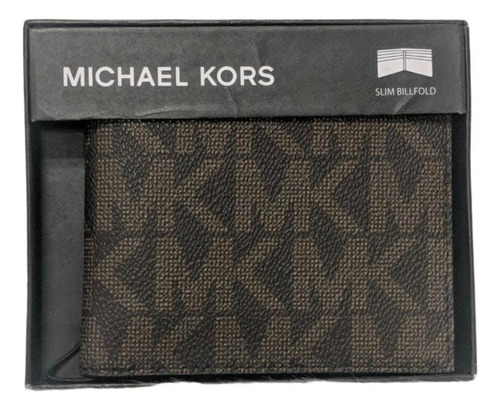 Carteira de couro Michael Kors, masculina, marrom Mk, design de tecido liso de duas dobras na cor marrom