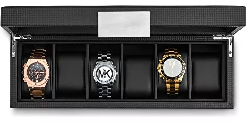 Caja de relojes para hombre - Estuche con 6 compartimentos, fibra de  carbono, caja grande, metal, negro