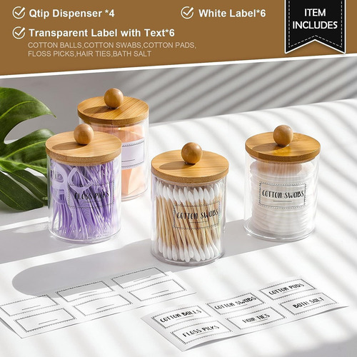Vitever Paquete De 4 Dispensadores Qtip Con Tapas De Bambú Color Transparente tarro boticario