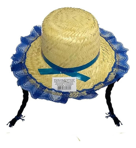 Chapéu Com Trança De Palha Infantil Mocinha Festa Junina Cor Azul