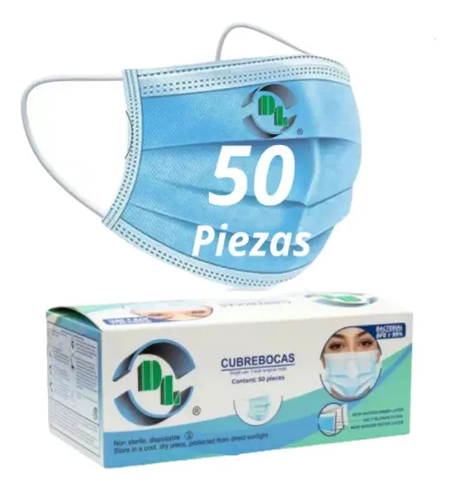 50 Cubrebocas DL Tricapa Quirurgico Tapabocas Mascarilla Azul Caja con 50 piezas