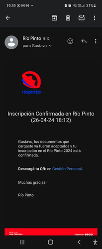 Vendo Inscripción Para Desafio De Rio Pinto