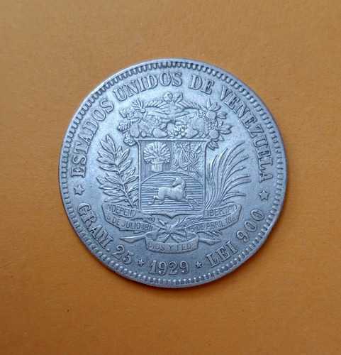 1929 Moneda De 5 Bolívares O Fuerte De Plata. Condición: Xf+