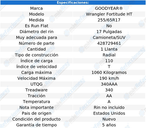 Llanta 255/65r17 Goodyear Fortitude Ht