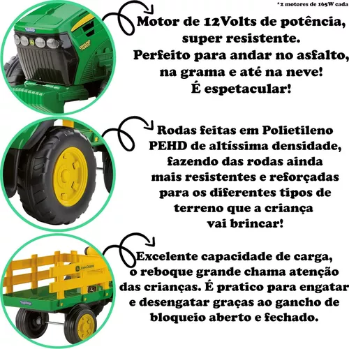 Trator infantil elétrico, reboque com função basculante, assento de couro,  buzina, controle remoto, LED, som do motor – BLAKHOLE