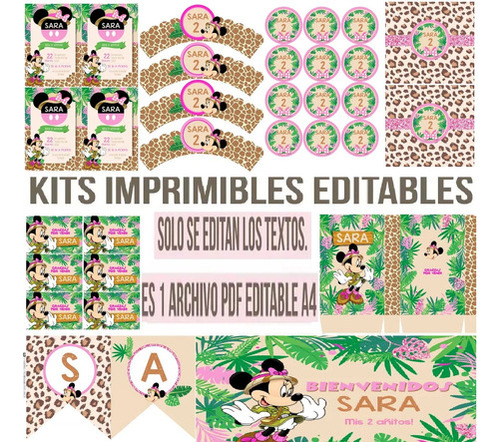 Kit Imprimible Textos Editables Minnie Safari