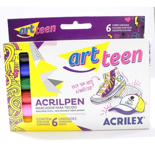 Caneta Art Teen Marcador Acrilpen Tecido Acrilex - 6 Cores