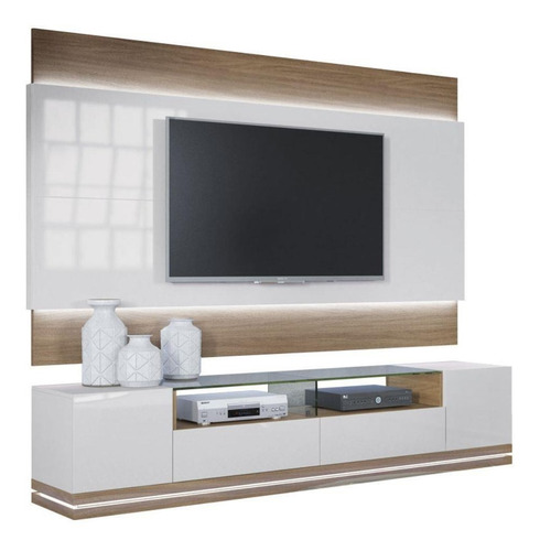 Mueble Tv Blanco Y Madera Oculta Cables  Luz Led Ref Livo4.1