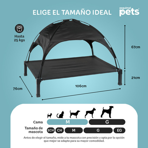 Cama Elevada Para Perro Con Toldo Impermeable Y Malla Transpirable Ideal En Calor, Catre De Mascotas Esquimal Pets, Negro, 106x76x88cm