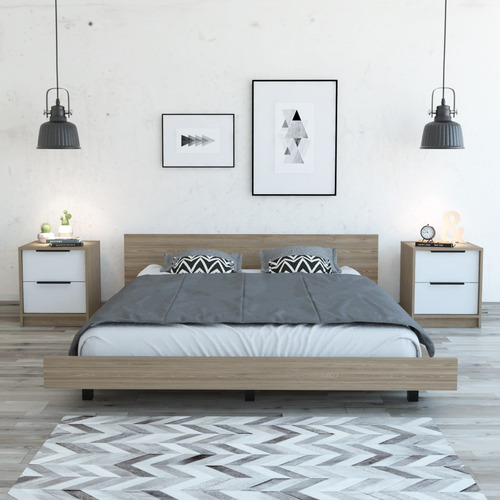 Cama 2 Plazas + 2 Veladores - Miel / Blanco