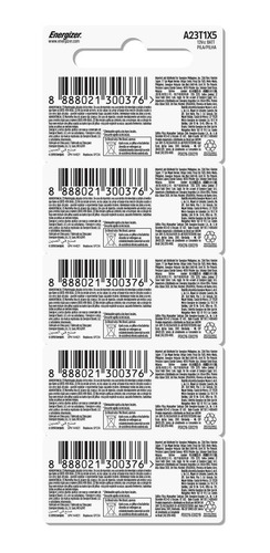 Imagen 7 de 7 de Pilas A23 12V Energizer Alcalina Para Alarmas / Control Remoto - Blister 5 Unidades