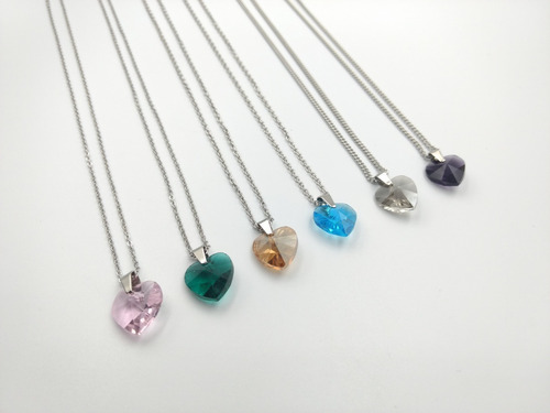 Set 6 Cadenas + Dijes Vidrio Corazón Acero Quirúrgico 316l