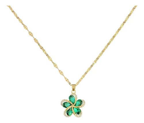 Collar Flor Circones Verde Acero Inoxidable - Bañado Oro 18k