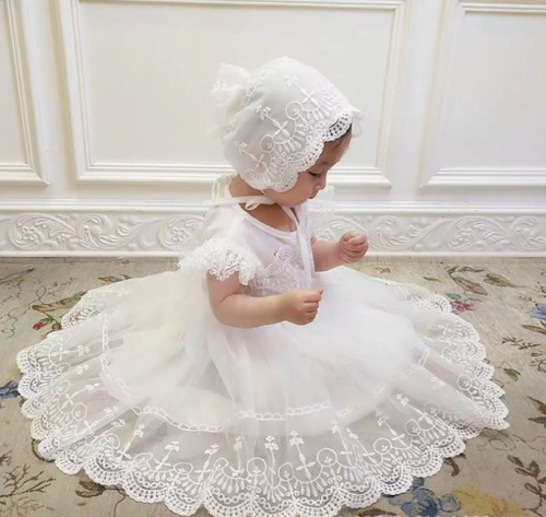 Vestido Branco P/ Bebes Com Touca P/ Batizados Casamentos