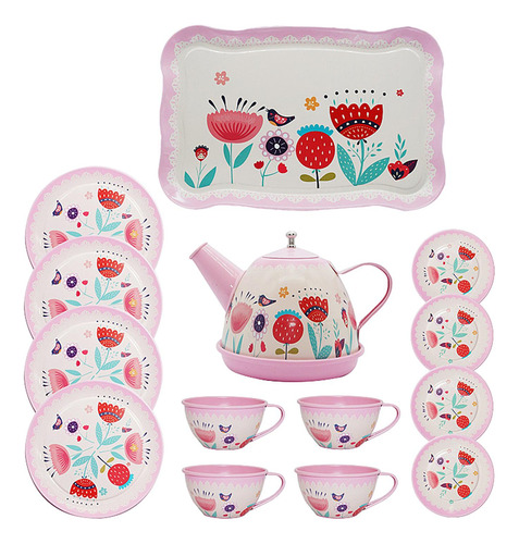 Kids Tea Set Metal Teapot Cups Dishes Afternoon Tea Playset