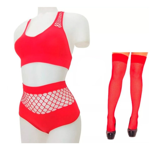 Conjunto De Red Sexy Corpiño Culott + Medias Bucaneras Mujer