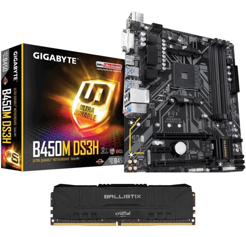 Kit Placa-mãe B450m Ds3h+ Memória 8gb Ddr4 Ballistix 3000mhz