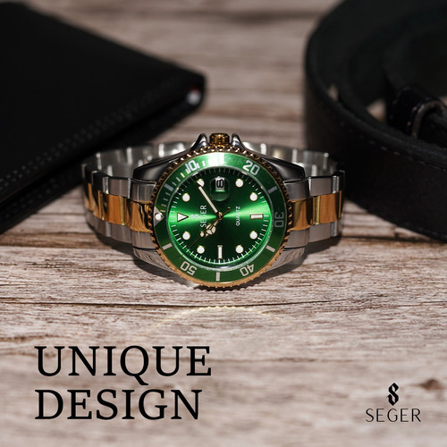 Reloj Mimimalista Elegante Seger 1779 Acero Fecha ! Color De La Malla Plateado/dorado Color Del Bisel Verde